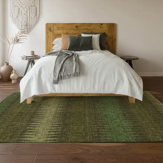 Olive Green And Chocolate Striped Washable Area Rug With UV Protection Photo 6