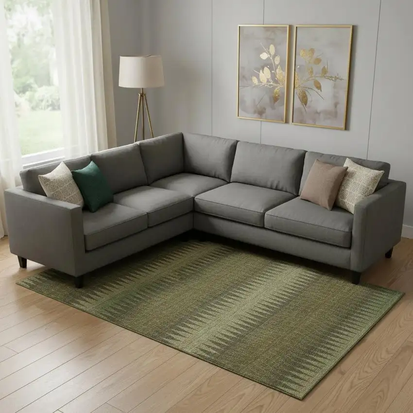 Olive Green And Chocolate Striped Washable Area Rug With UV Protection Photo 1