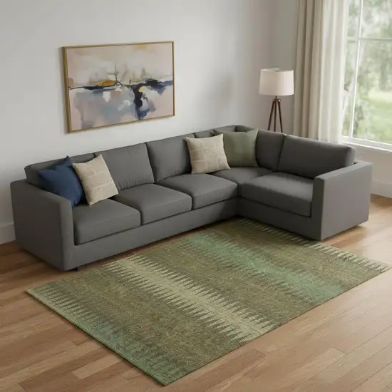 Olive Green And Chocolate Striped Washable Area Rug With UV Protection Photo 1