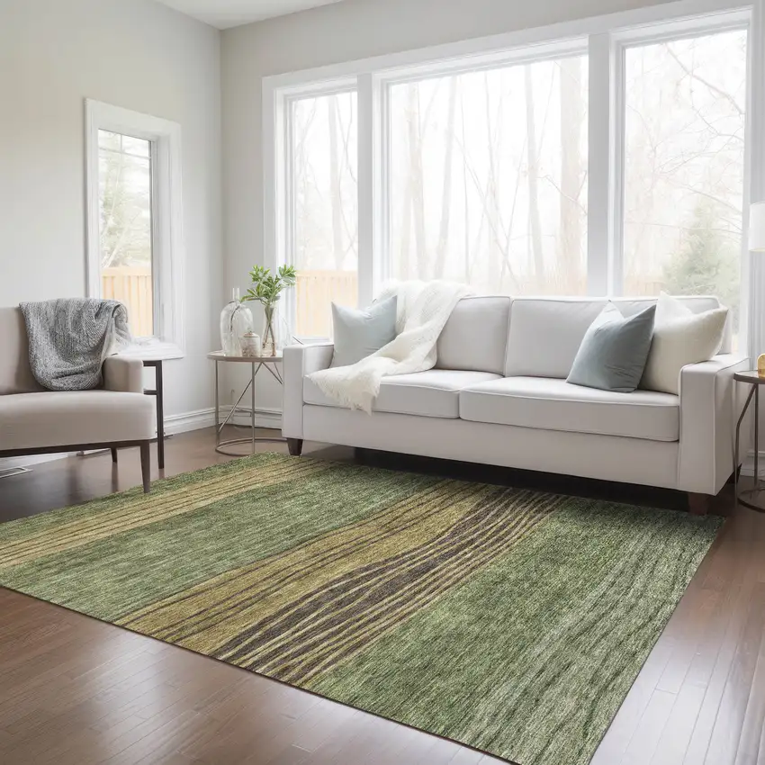 Olive Green And Chocolate Striped Washable Indoor Outdoor Area Rug Photo 8