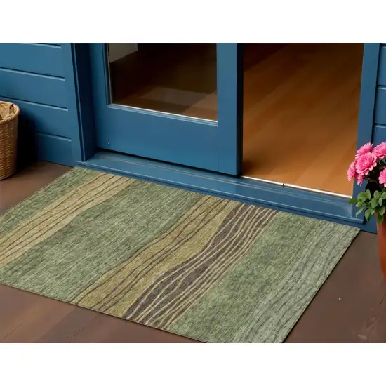 Olive Green And Chocolate Striped Washable Indoor Outdoor Area Rug Photo 1