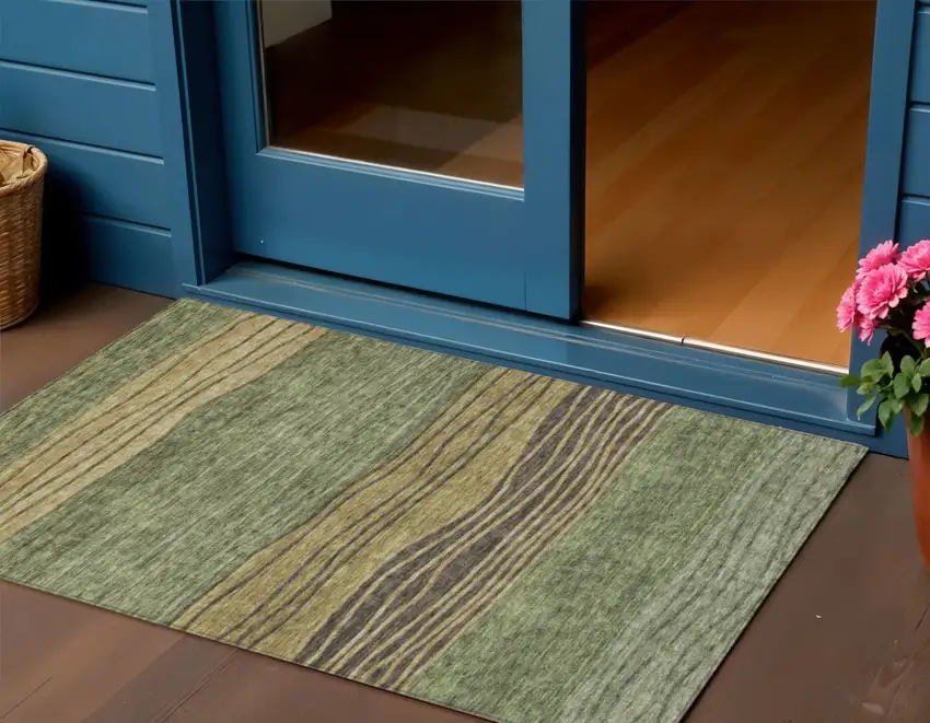 Olive Green And Chocolate Striped Washable Indoor Outdoor Area Rug Photo 1