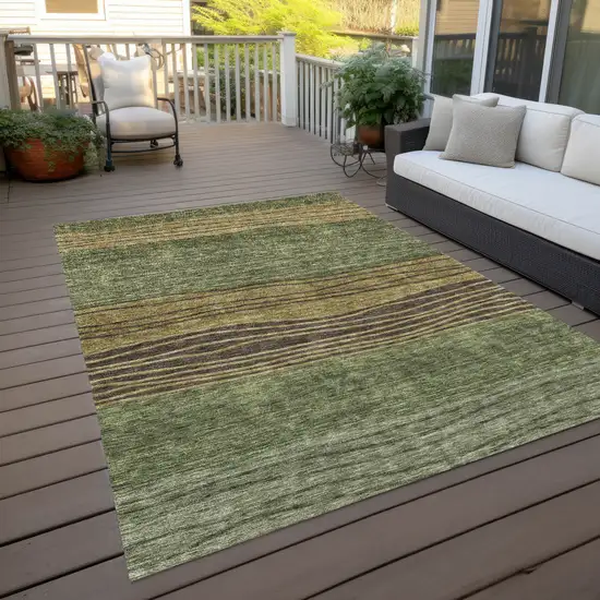 Olive Green And Chocolate Striped Washable Indoor Outdoor Area Rug Photo 9
