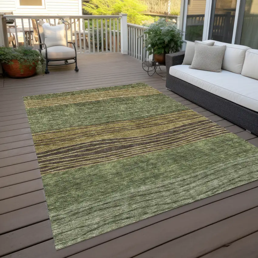 Olive Green And Chocolate Striped Washable Indoor Outdoor Area Rug Photo 9