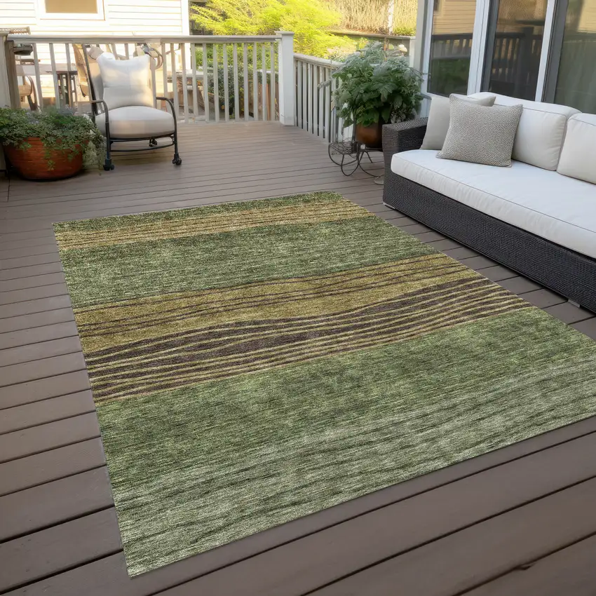 Olive Green And Chocolate Striped Washable Indoor Outdoor Area Rug Photo 9