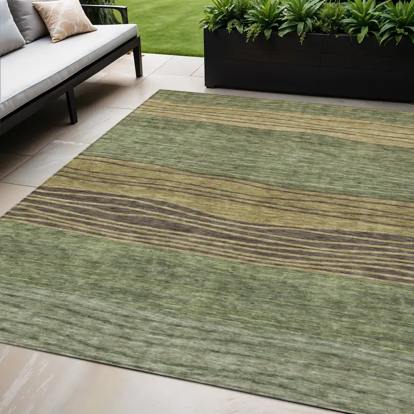Olive Green And Chocolate Striped Washable Indoor Outdoor Area Rug Photo 1