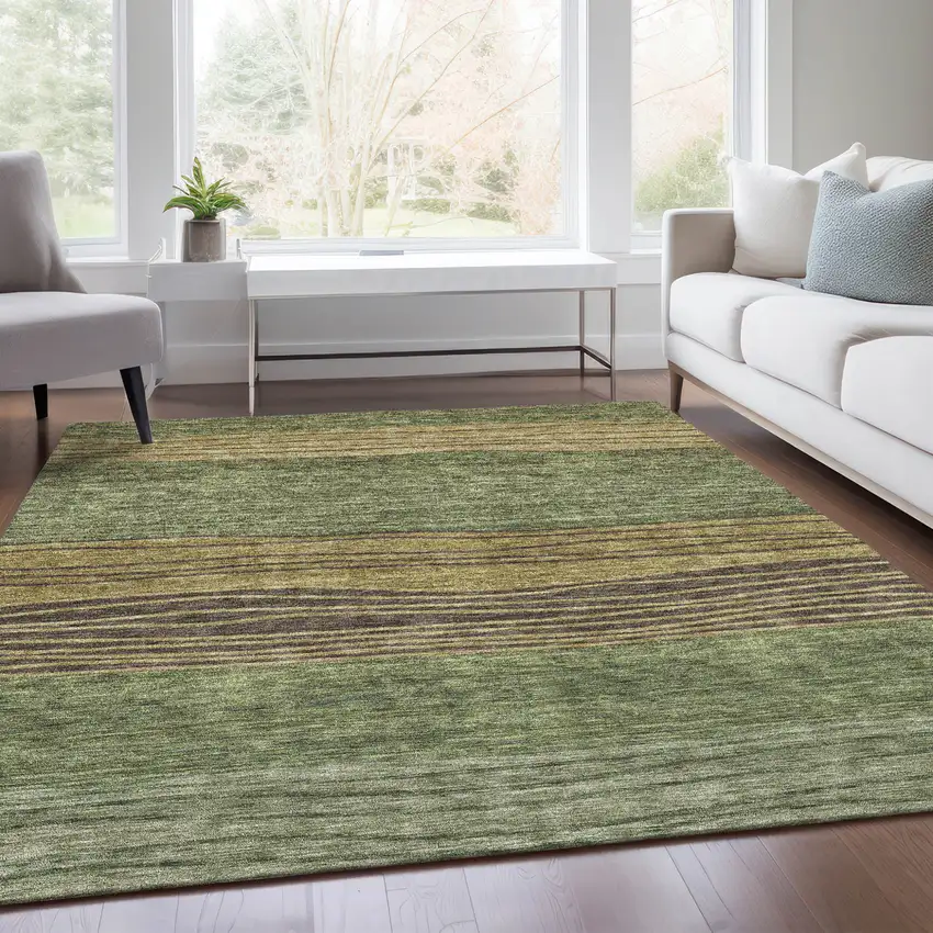 Olive Green And Chocolate Striped Washable Indoor Outdoor Area Rug Photo 7