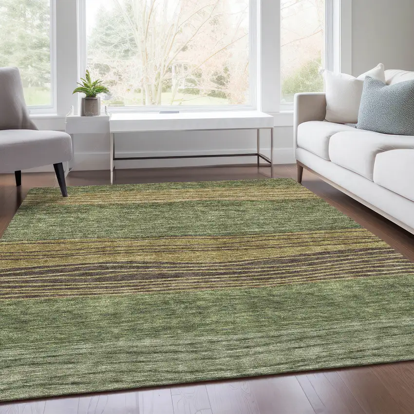 Olive Green And Chocolate Striped Washable Indoor Outdoor Area Rug Photo 7