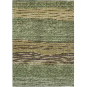 Photo of Olive Green And Chocolate Striped Washable Indoor Outdoor Area Rug