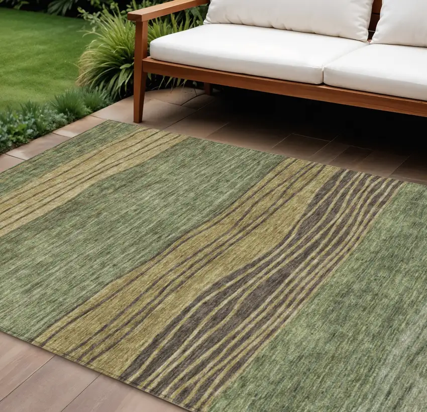 Olive Green And Chocolate Striped Washable Indoor Outdoor Area Rug Photo 1
