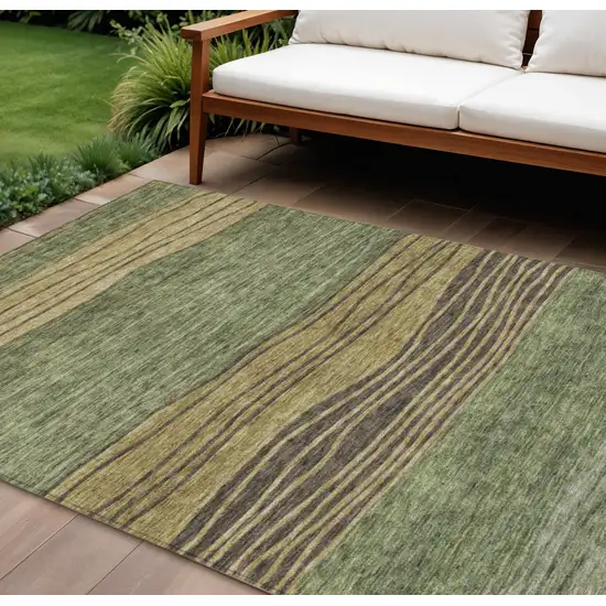 Olive Green And Chocolate Striped Washable Indoor Outdoor Area Rug Photo 1