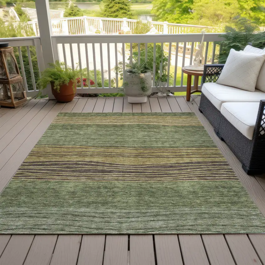 Olive Green And Chocolate Striped Washable Indoor Outdoor Area Rug Photo 5