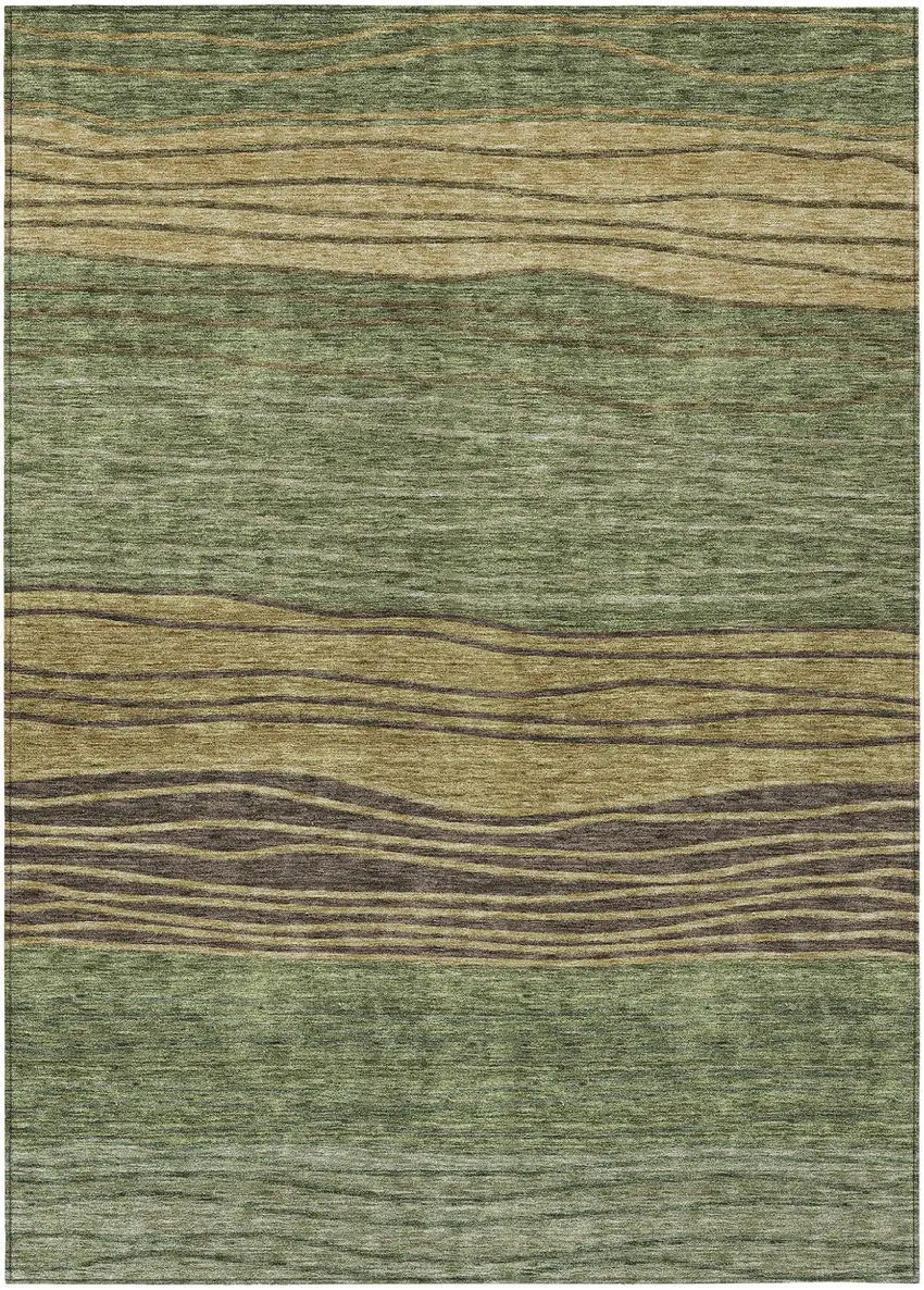 Olive Green And Chocolate Striped Washable Indoor Outdoor Area Rug Photo 1
