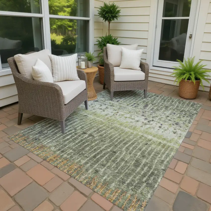 Olive Green And Copper Abstract Washable Indoor Outdoor Area Rug Photo 5