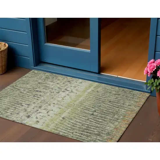 Olive Green And Copper Abstract Washable Indoor Outdoor Area Rug Photo 1