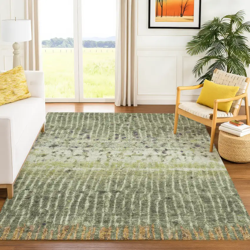 Olive Green And Copper Abstract Washable Indoor Outdoor Area Rug Photo 4
