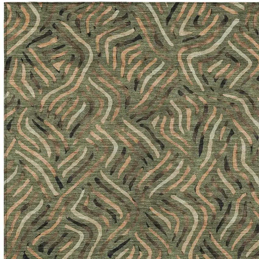 Olive Green And Copper Abstract Washable Indoor Outdoor Area Rug Photo 2
