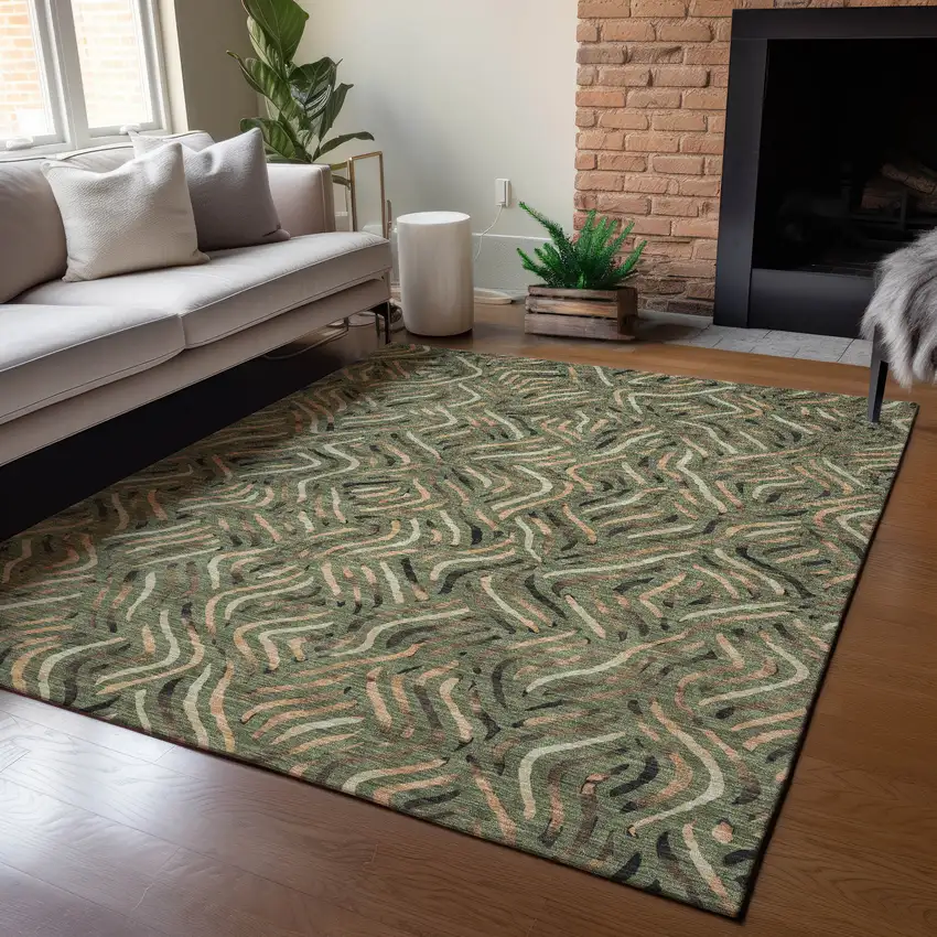 Olive Green And Copper Abstract Washable Indoor Outdoor Area Rug Photo 5