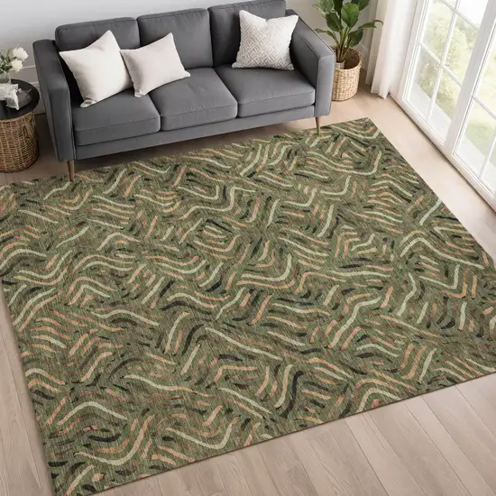 Olive Green And Copper Abstract Washable Indoor Outdoor Area Rug Photo 6