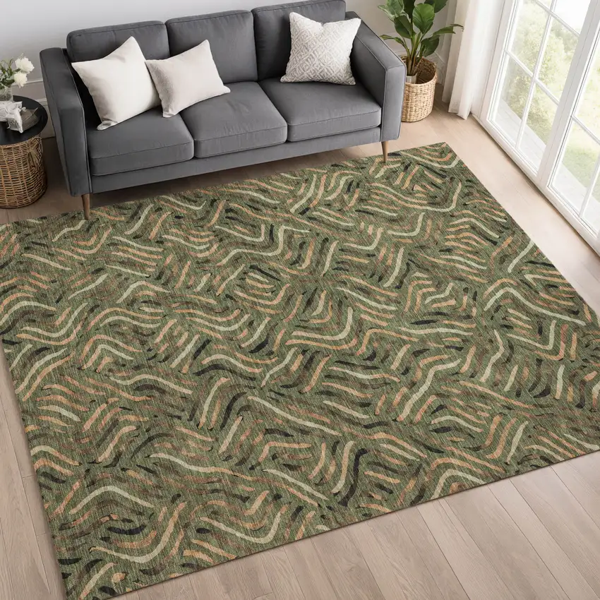 Olive Green And Copper Abstract Washable Indoor Outdoor Area Rug Photo 6