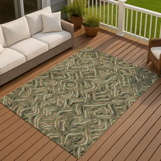 Olive Green And Copper Abstract Washable Indoor Outdoor Area Rug Photo 7