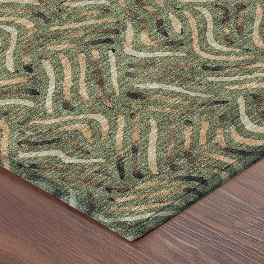 Olive Green And Copper Abstract Washable Indoor Outdoor Area Rug Photo 8