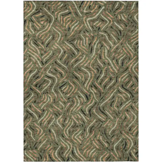 Olive Green And Copper Abstract Washable Indoor Outdoor Area Rug Photo 1