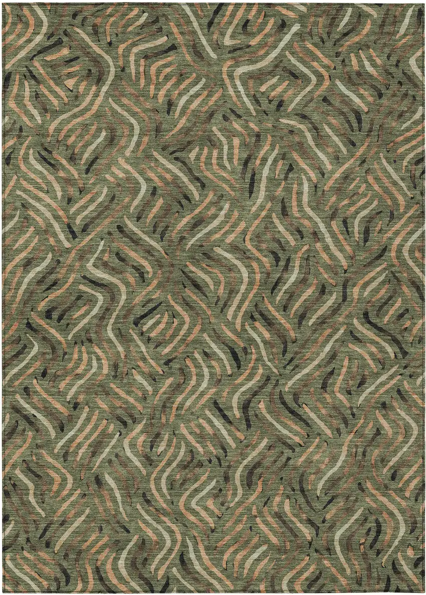 Olive Green And Copper Abstract Washable Indoor Outdoor Area Rug Photo 1