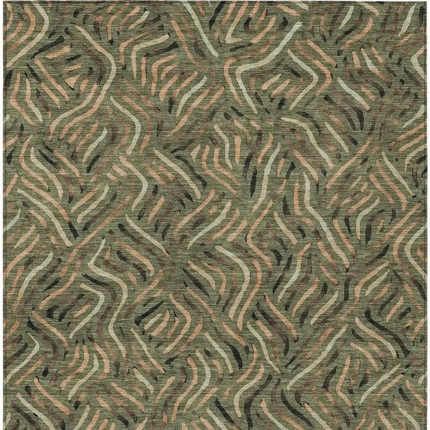 Olive Green And Copper Abstract Washable Indoor Outdoor Area Rug Photo 3