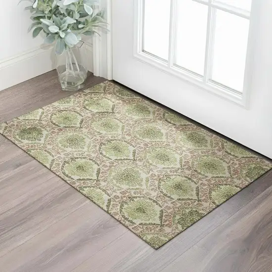 Olive Green And Copper Medallion Washable Area Rug With UV Protection Photo 1