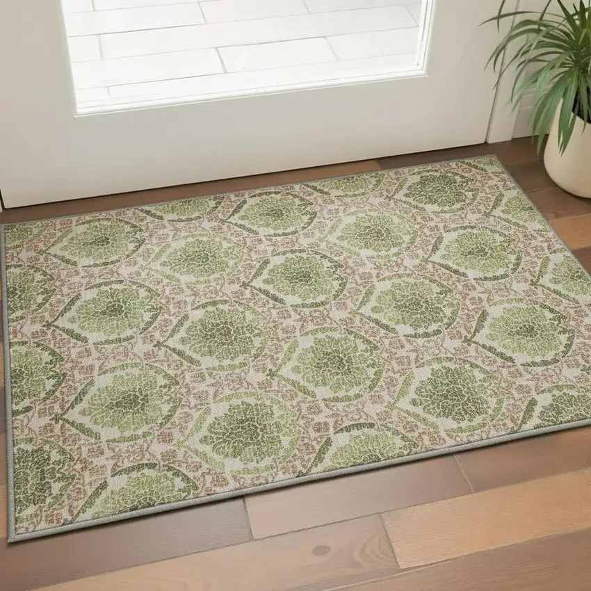 Olive Green And Copper Medallion Washable Area Rug With UV Protection Photo 2