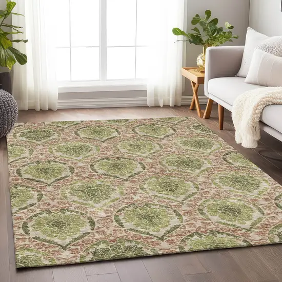 Olive Green And Copper Medallion Washable Area Rug With UV Protection Photo 6