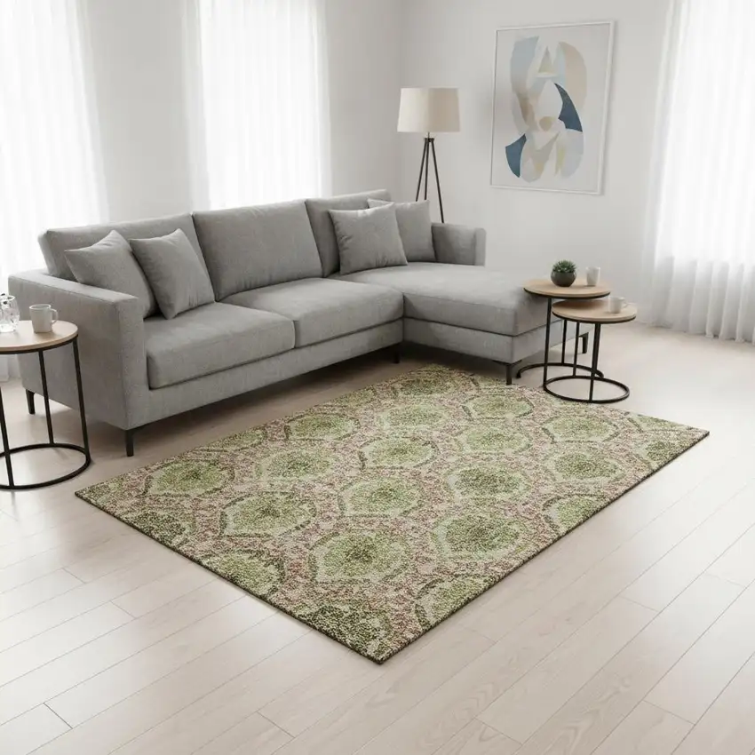 Olive Green And Copper Medallion Washable Area Rug With UV Protection Photo 2