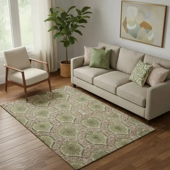 Olive Green And Copper Medallion Washable Area Rug With UV Protection Photo 1