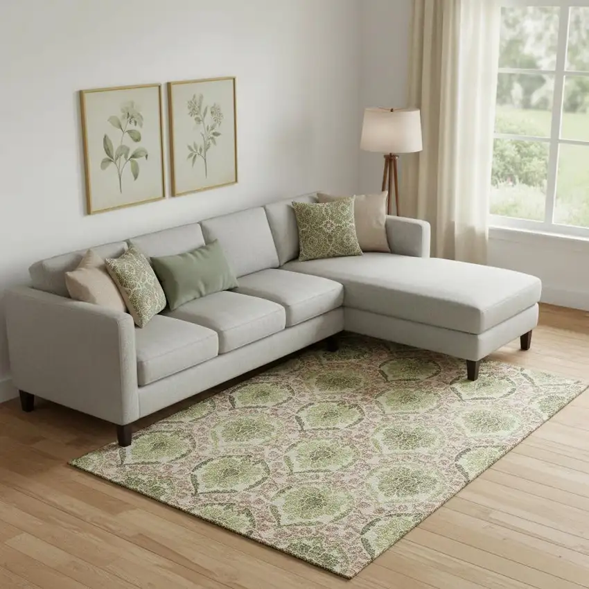 Olive Green And Copper Medallion Washable Area Rug With UV Protection Photo 1