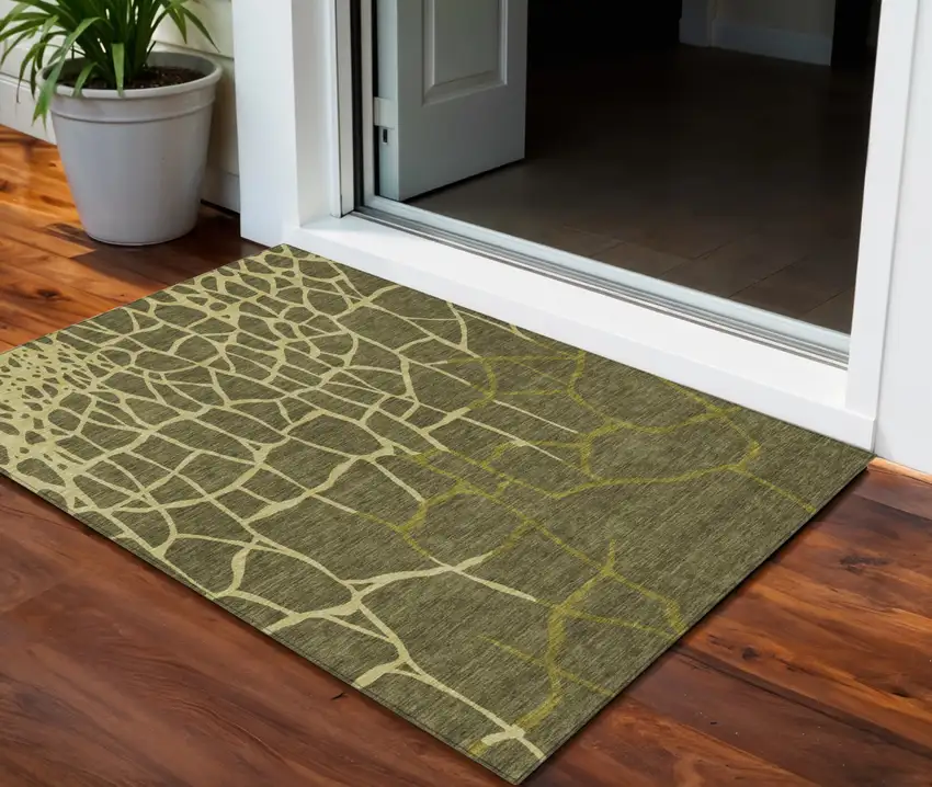 Olive Green And Dark Green Abstract Washable Indoor Outdoor Area Rug Photo 1