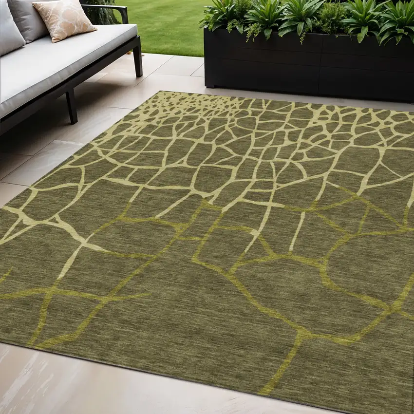 Olive Green And Dark Green Abstract Washable Indoor Outdoor Area Rug Photo 1