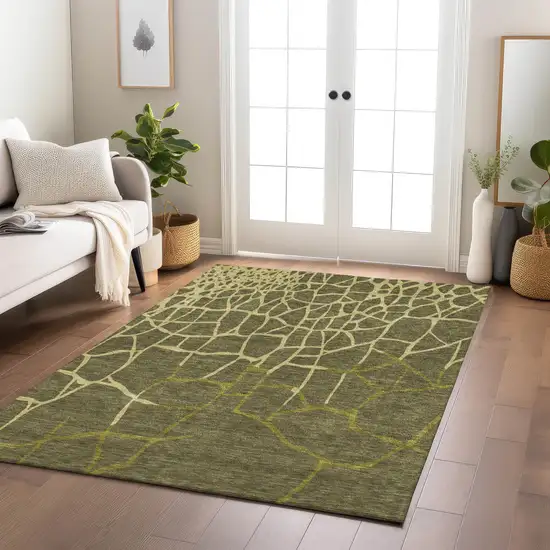 Olive Green And Dark Green Abstract Washable Indoor Outdoor Area Rug Photo 9