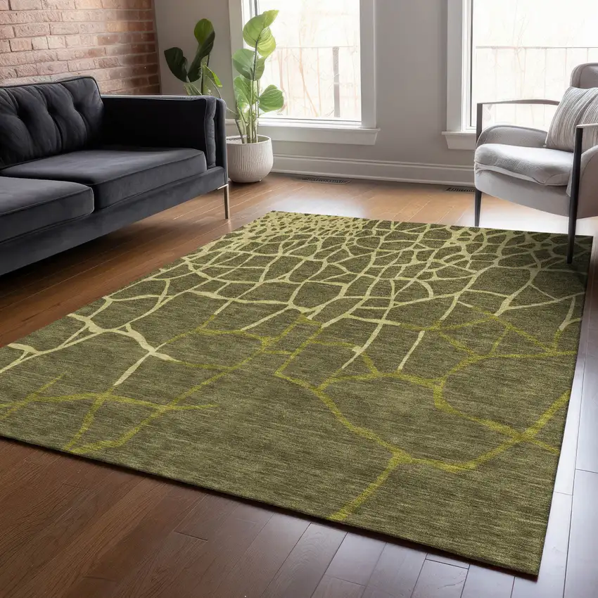 Olive Green And Dark Green Abstract Washable Indoor Outdoor Area Rug Photo 8