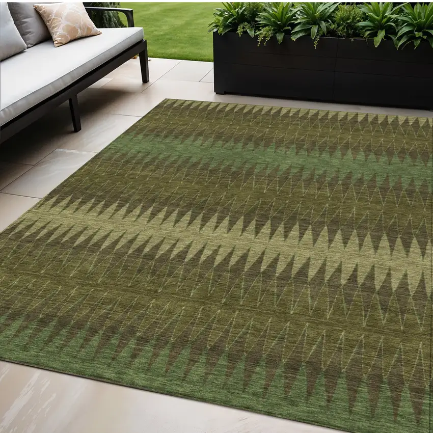Olive Green And Dark Green Striped Washable Indoor Outdoor Area Rug Photo 1