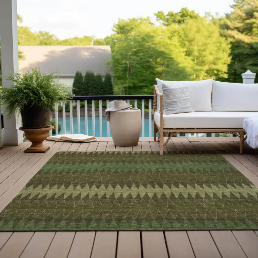 Olive Green And Dark Green Striped Washable Indoor Outdoor Area Rug Photo 9