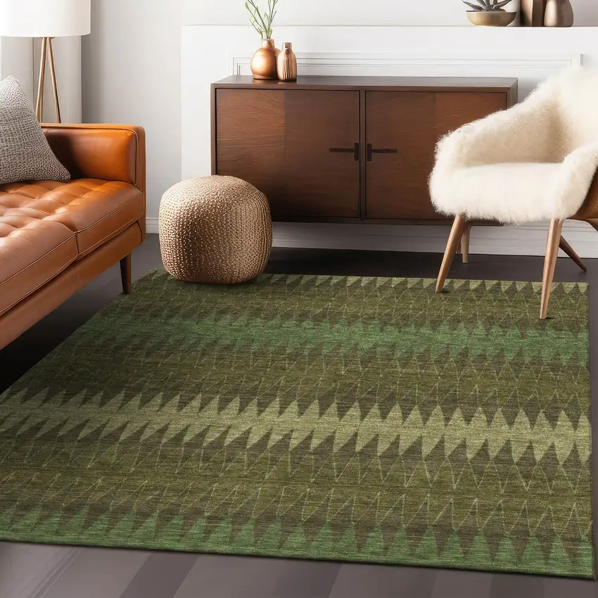 Olive Green And Dark Green Striped Washable Indoor Outdoor Area Rug Photo 9