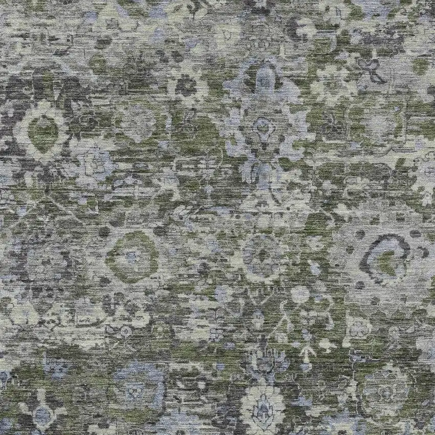 Olive Green And Denim Blue Floral Washable Indoor Outdoor Area Rug Photo 2