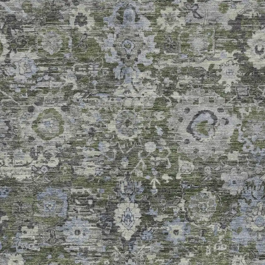 Olive Green And Denim Blue Floral Washable Indoor Outdoor Area Rug Photo 2