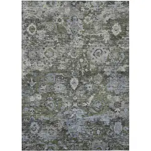 Photo of Olive Green And Denim Blue Floral Washable Indoor Outdoor Area Rug