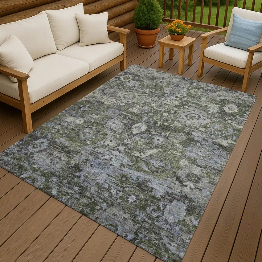 Olive Green And Denim Blue Floral Washable Indoor Outdoor Area Rug Photo 4