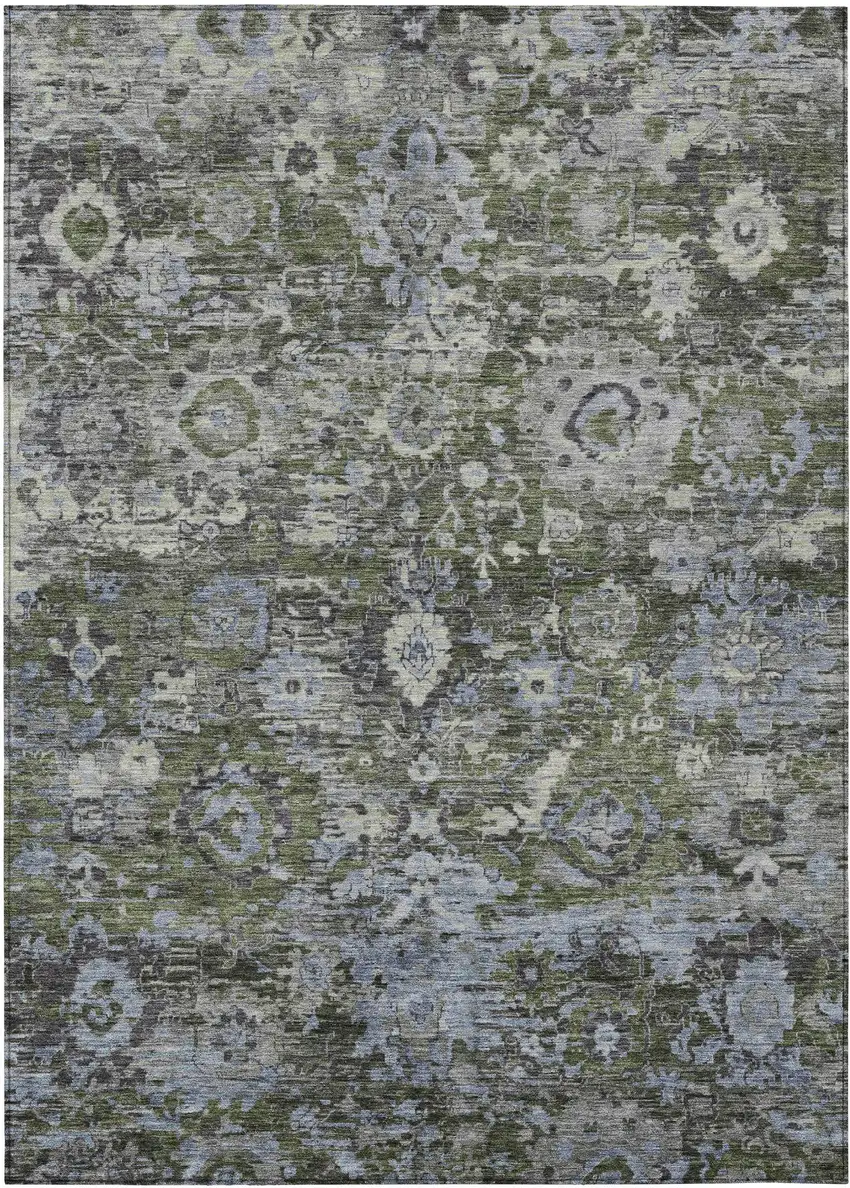 Olive Green And Denim Blue Floral Washable Indoor Outdoor Area Rug Photo 1