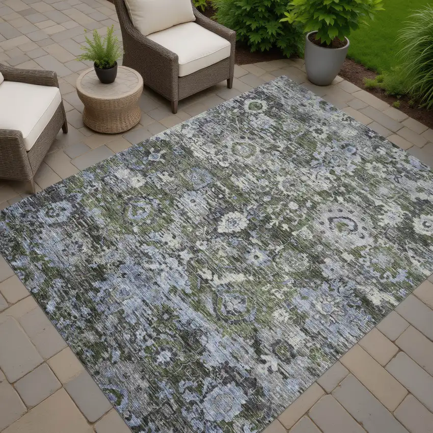 Olive Green And Denim Blue Floral Washable Indoor Outdoor Area Rug Photo 7