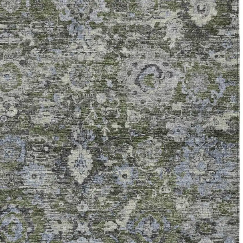 Olive Green And Denim Blue Floral Washable Indoor Outdoor Area Rug Photo 2
