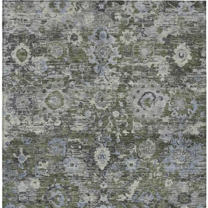 Olive Green And Denim Blue Floral Washable Indoor Outdoor Area Rug Photo 3